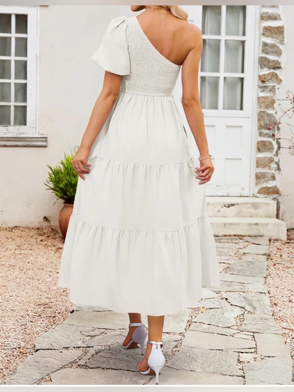 NWT-Boho One Shoulder Midi Dresses Smocked Split Ruffle - Picture 2 of 7